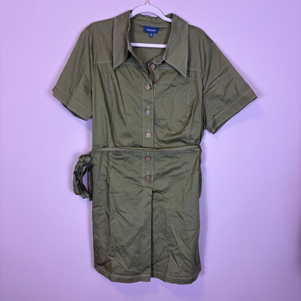 Modcloth Green Cotton Collared Short Sleeve Button Front Shirt Dress‎ 26